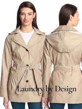 Laundry By Design Tan Lightweight Mid-Length Belted Removable Hood Trench (M)